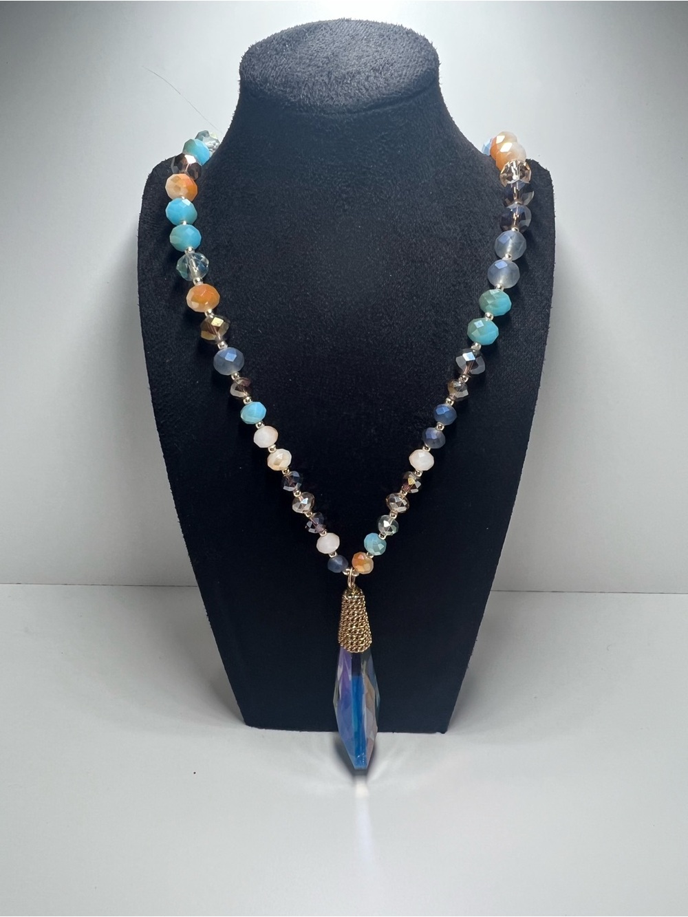 Multicolor Beaded Pendant Necklace with Iridescent Crystal Drop